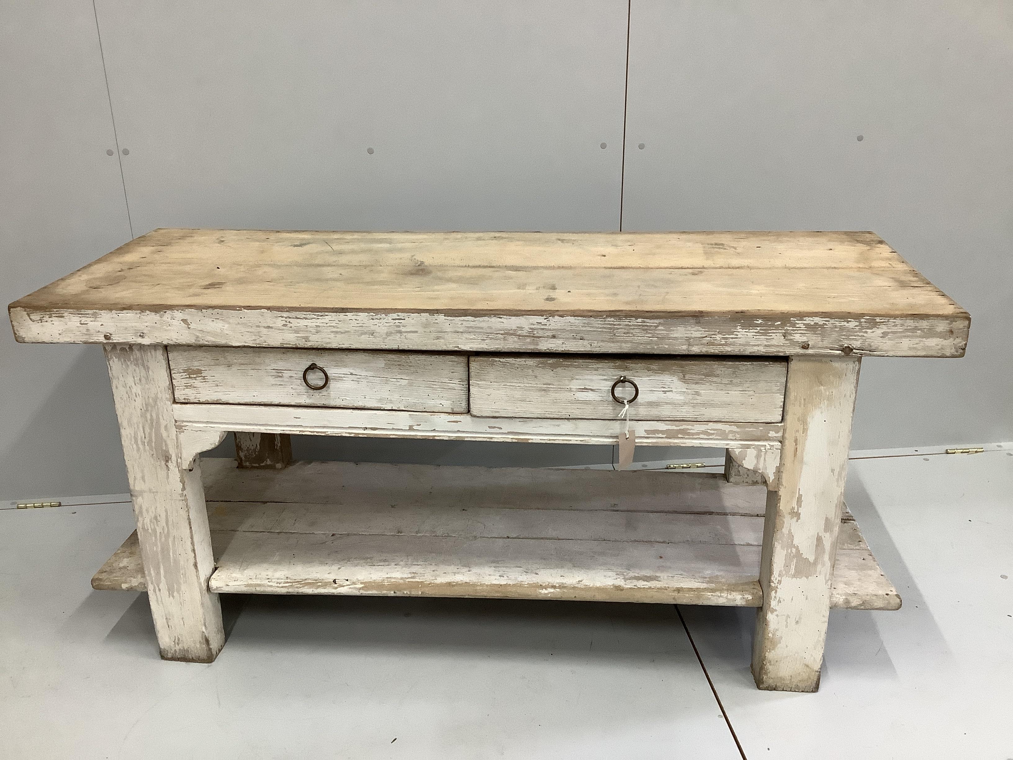 A Provincial pine and beech two drawer two tier kitchen preparation table, width 159cm, depth 58cm, height 75cm